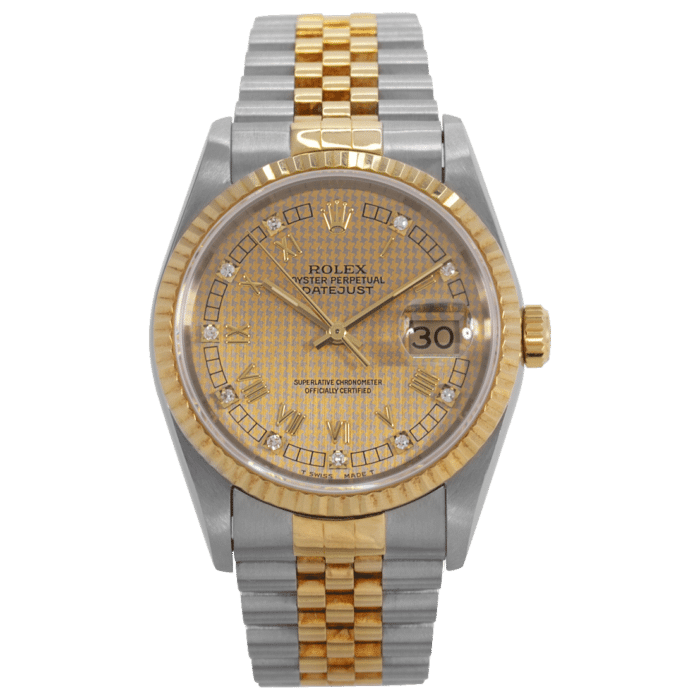 Rolex Oyster Perpetual Datejust BiMetal Rare "Houndstooth" Diamond Dial 36mm 16233 Luxe Watches