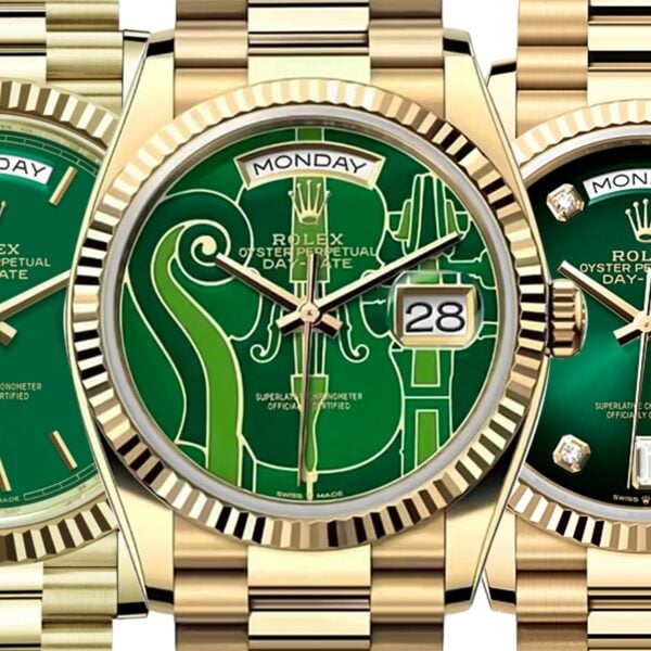 Rolex in green ombré, olive green and a green lacquer dial.