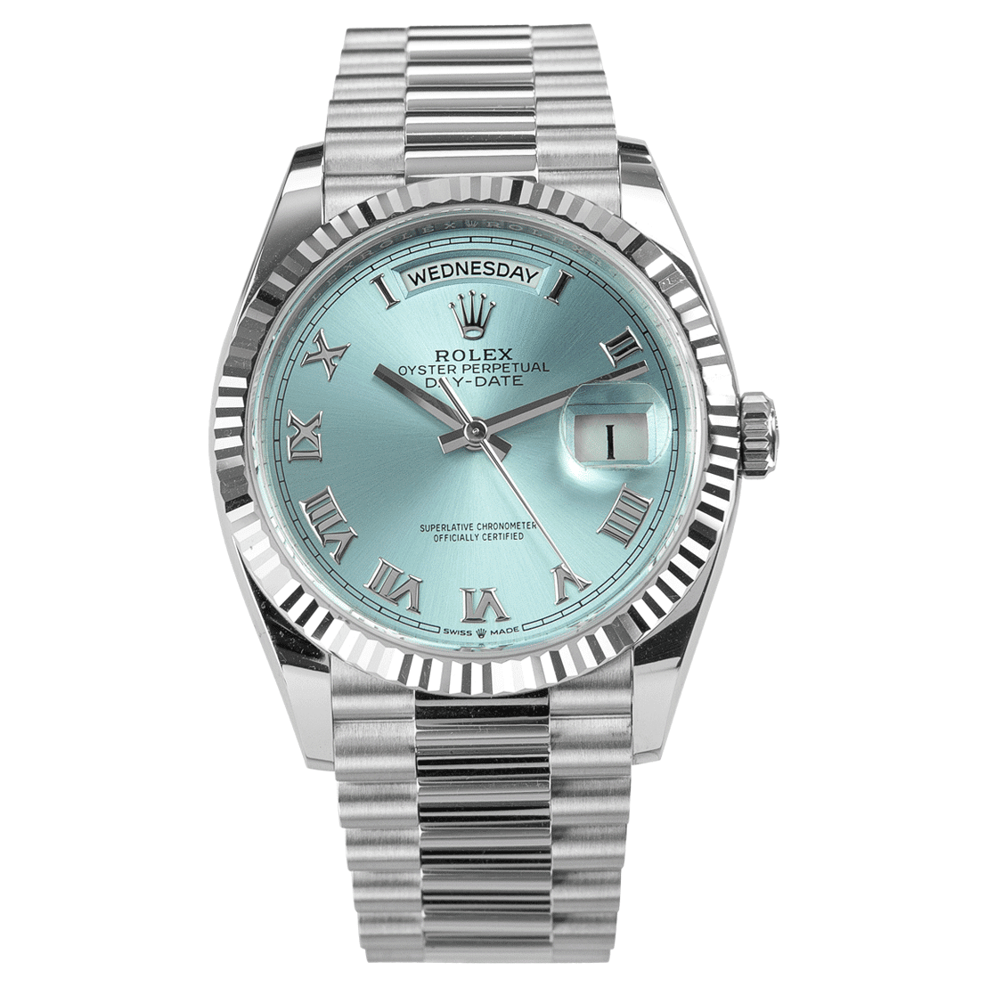 Rolex Oyster Perpetual Day-Date 36 Platinum Ice Blue 128236 Luxe
